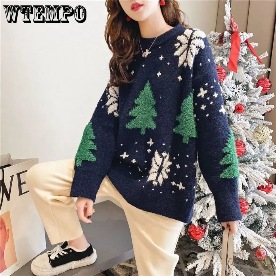 WTEMPO Autumn Winter Christmas Knitted Spliced Vintage Sweaters Korean Loose Round Neck Fashion Long Sleeve Pullover Jumpers