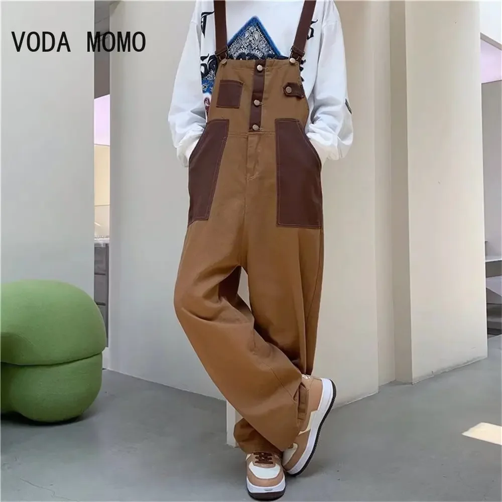 

2022 Men's Retro Casual Pants Corduroy College Style Overalls Loose Brown Color Work Trousers Salopettes Romper Jumpsuit