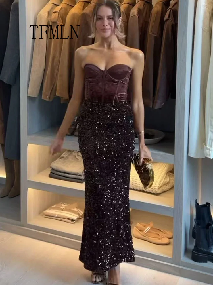 TFMLN femmes élégantes paillettes mince jupes décontractées 2026 printemps mode soirée jupes rétro Sexy femme vêtements de noël