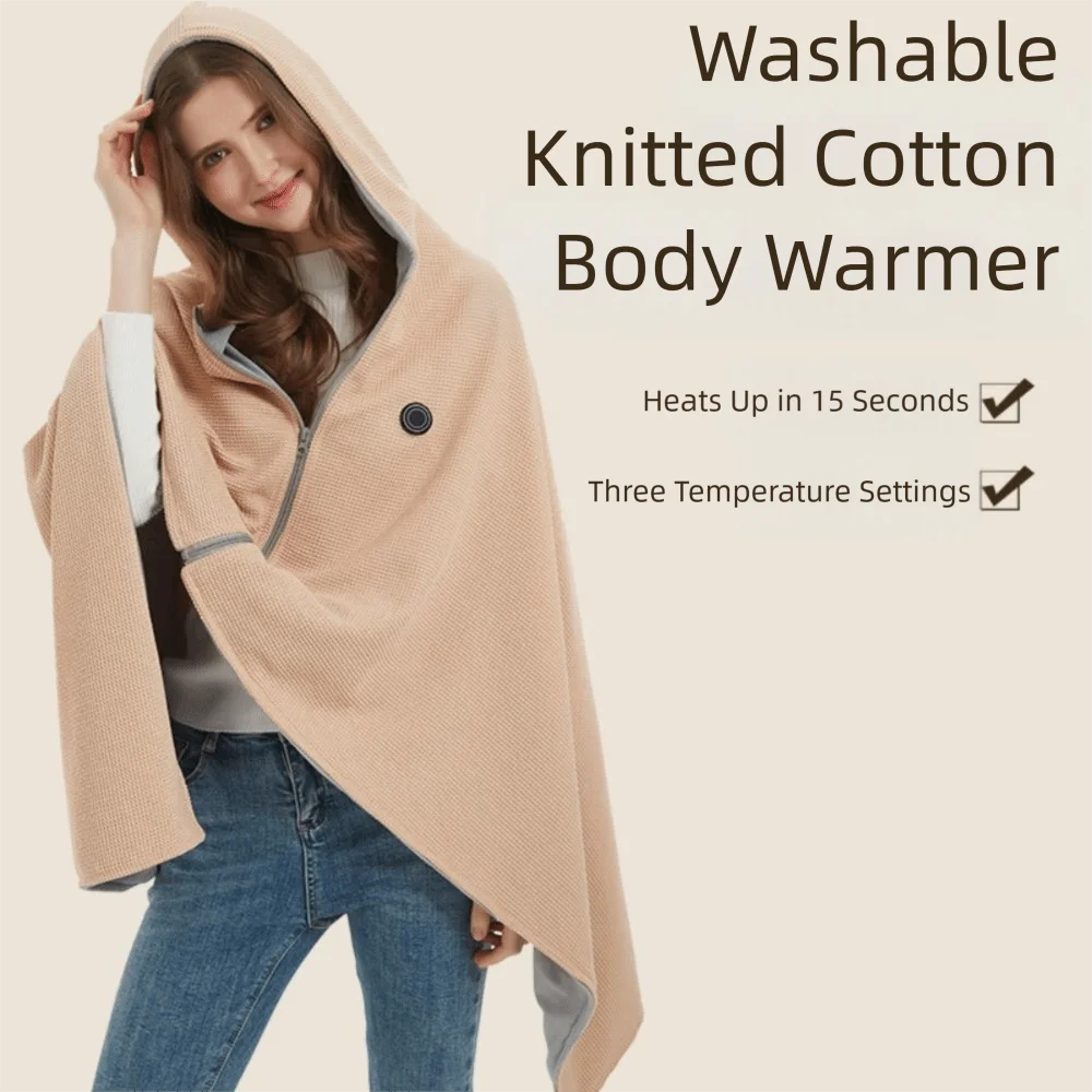 

Soft Zippered Electric Blanket with Hat Adjustable Washable USB Heated Shawl 3 Heat Levels Quickly Heating Warm Heating Scarf