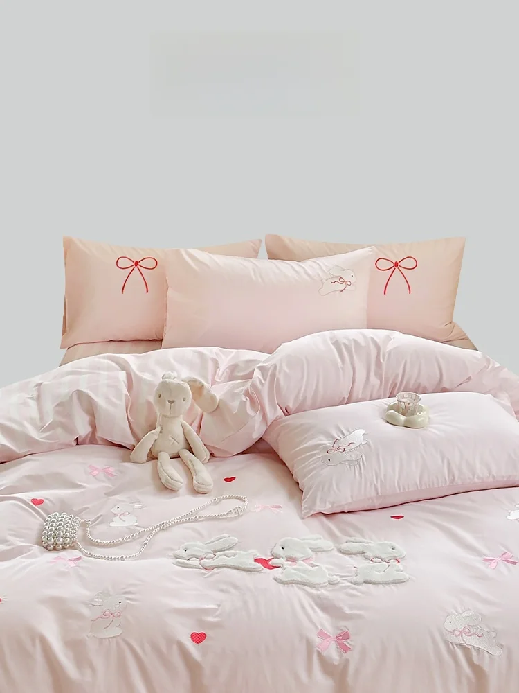 

Totowish Full Cotton Cartoon Embroidery Bedding Set Four-Piece Cotton Washed Bed Sheet Bed Skirt Suitable for All Seasons