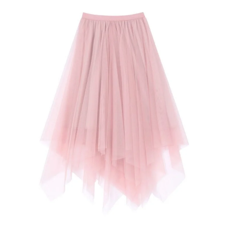 New Irregular Solid Color Gauze Pleated Skirt Women High Classic Korean Casual Fairy Summer All-match Lady A-word Skirt 2023