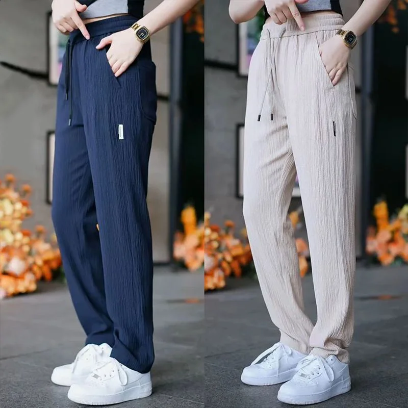 Women's Straight Leg Ice Silk Casual Pants Elastic Quick Dry Lightweight Drapey Summer Thin Long Trousers Loose plus Size