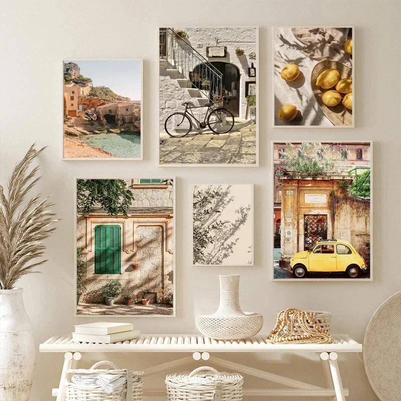 Nordic Minimalist Wall Art Picture Town Lemon Orange Harvest Bicycle Canvas Painting Printing Poster Living Room Home Decoration