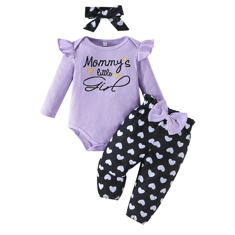 Baby Girls Fall Outfit Long Sleeve Letters Print Romper with Heart Print Pants and Headband Clothing Set