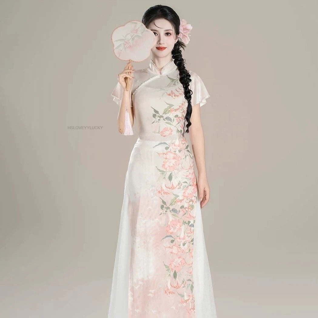 Aodai Vietnam Clothing Cheongsam Qipao Chinese Dress Vietnamese Vintage Elegant Party Festival Women Dance Aodai Dress