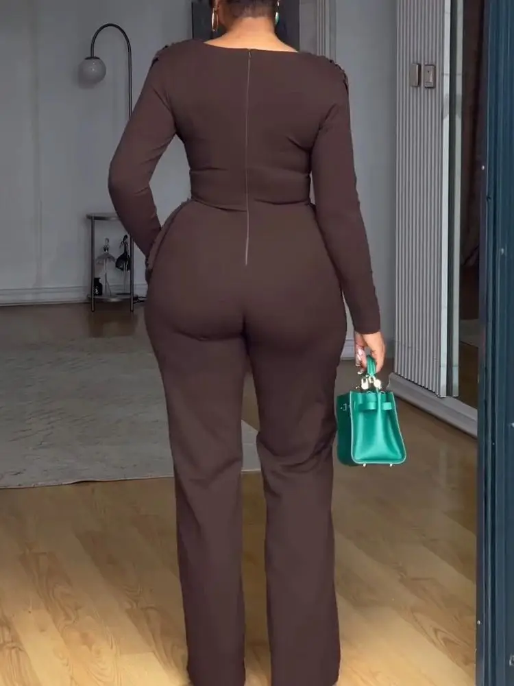 Asymmetrical Cowl Neck Textured Patchwork Jumpsuit with Cinched Waist Wide Leg Casual Zipper Back Design One Pieces Women Romper