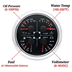 85mm 4 in 1 Multifunction Gauge with 0-190ohms/240-33ohms Fuel Level Gauge 40-120โ Water Temp 0-10Bar Oil Press 8-16V Voltmeter