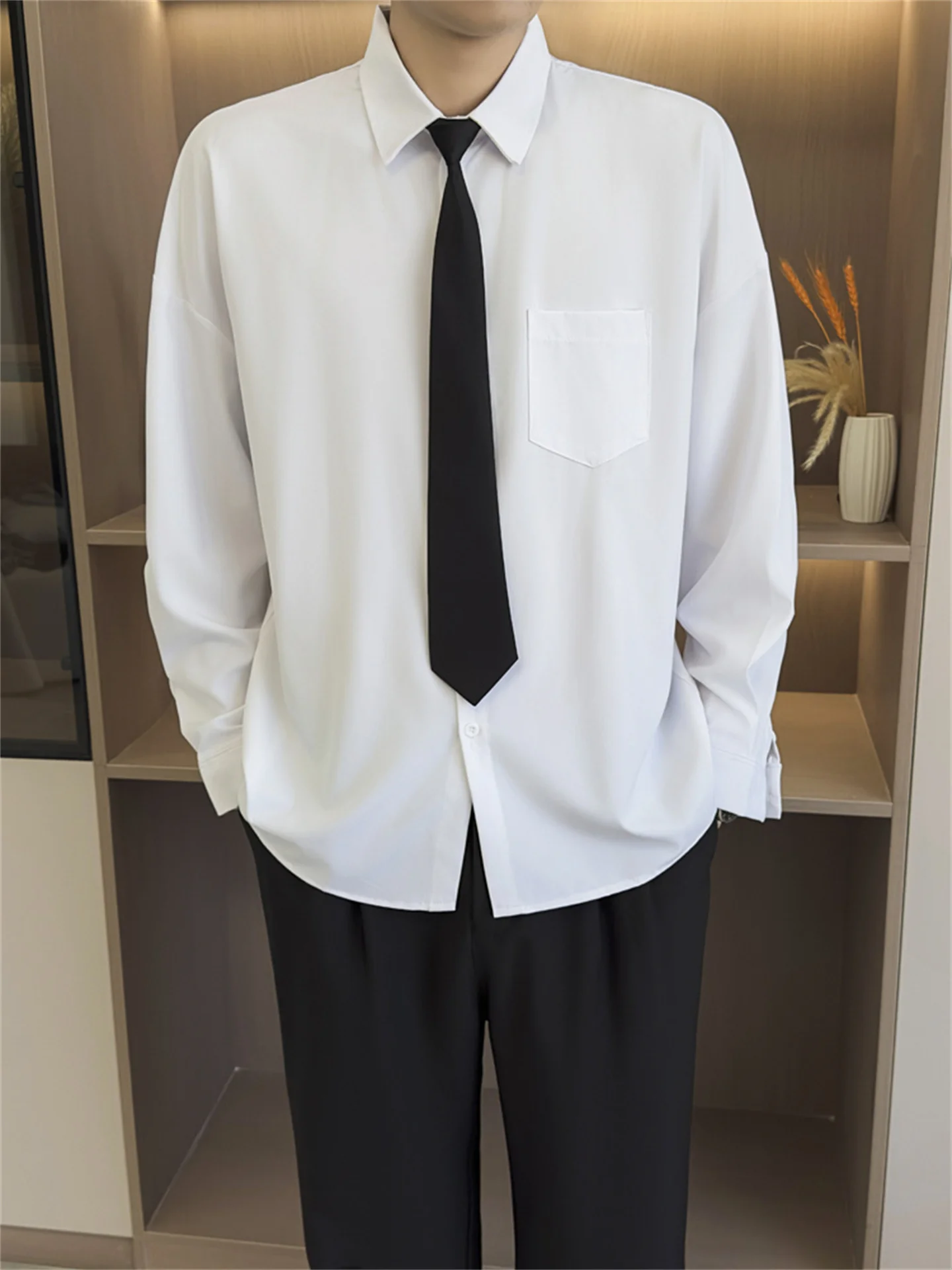 

Loose Fit Long Sve White irt Men's Casual Sle Versatile Simple Design High End Feeling Inner Wear Korean Faion