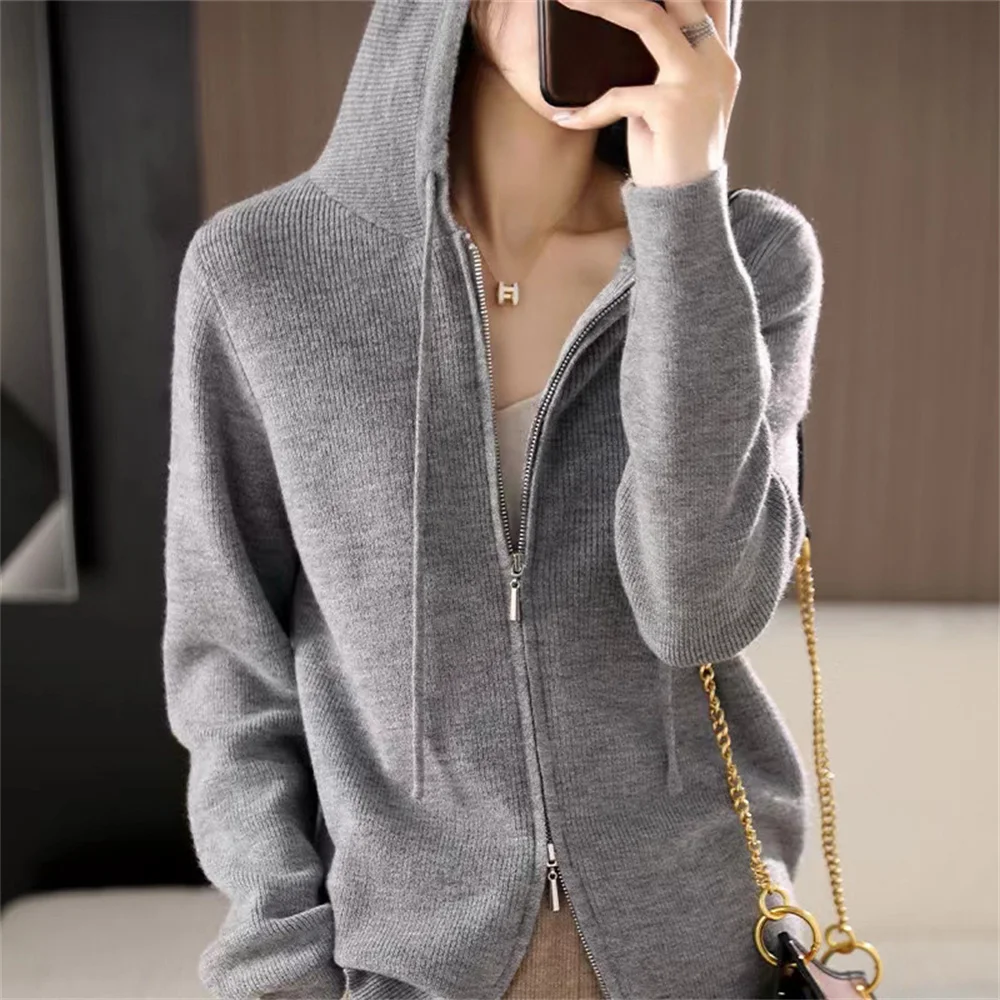 

Sweater Double Zipper Loose Solid Sweater Solid Hooded Knit Cardigan Coat Korean Autumn Winter Women Long Sleeve Top Cardigan