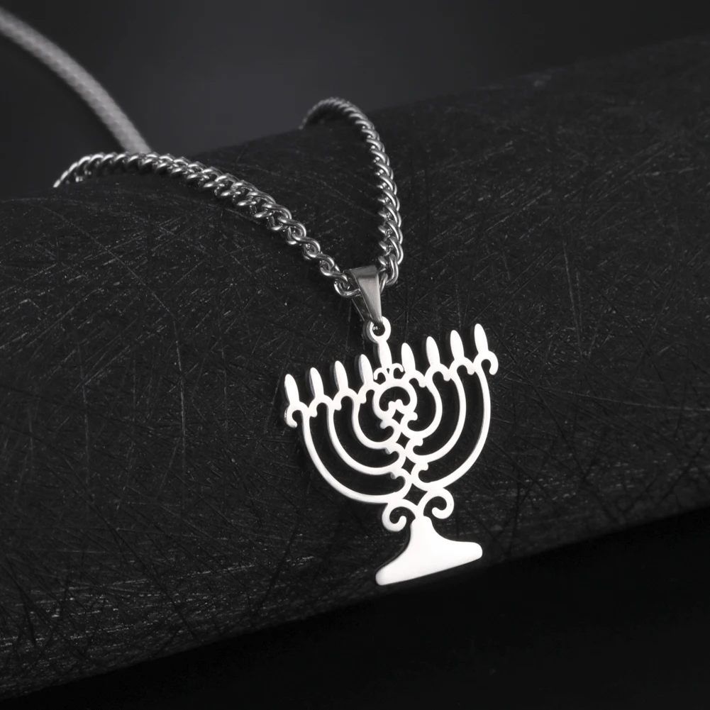 Hanukkah Necklace Triangle Menorah Pendant Necklace Stainless Steel Chanukah Jewelry Dainty Jewish Religious Gifts For Women Men