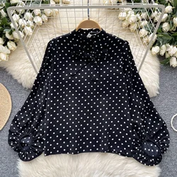 Chic Stand Neck Vintage Lantern Sleeve Basics Polka Dot Slim Butterfly Top Korean Fashion Streetwear High Street Autumn Blouse