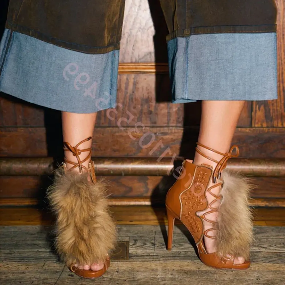 

Brown Soft Fur Peep Toe Sandals for Women Sexy Stiletto Heels Strappy Short Boots Summer Fashion Casual Ins Style 2026