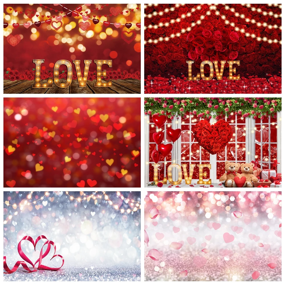 

Happy Valentine's Day Photography Backdrops Glitter Light Polka Red Hearts Balloons Love Wedding Bridal Shower Photo Background