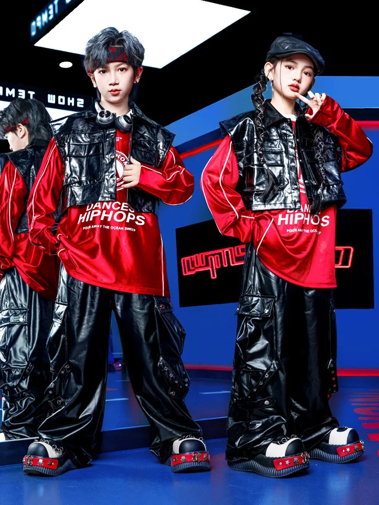 

Детская одежда для танцев в стиле хип-хоп для девочек, красные футболки, черный жилет, свободные брюки, костюм для девочек, одежда для джазовых танцев, сценическая одежда