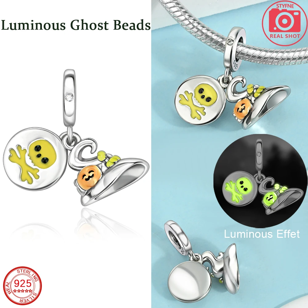 New Cute 925 Sterling Silver Halloween Night Light Series - Ghost Beads Charm Fit DIY Women's Bracelet Necklace Jewelry Gift