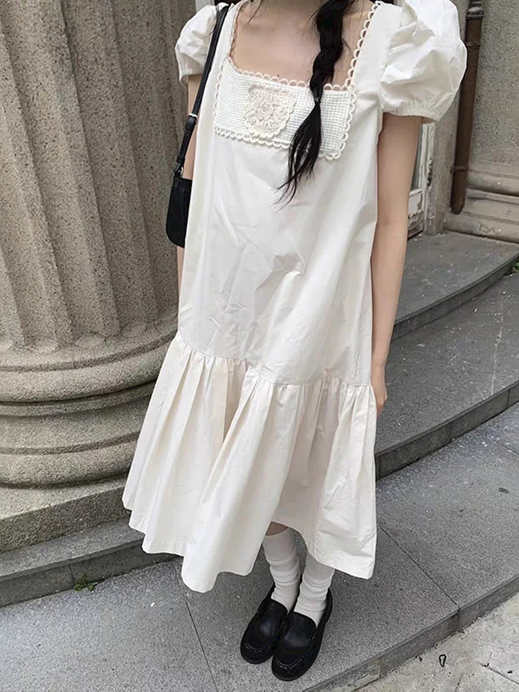 

Korean Style Summer 2026 Cute Lace Trim Loose Bubble Sleeve Square Collar Hook Flower Decorated Women's Doll Skirt Casual Cak...