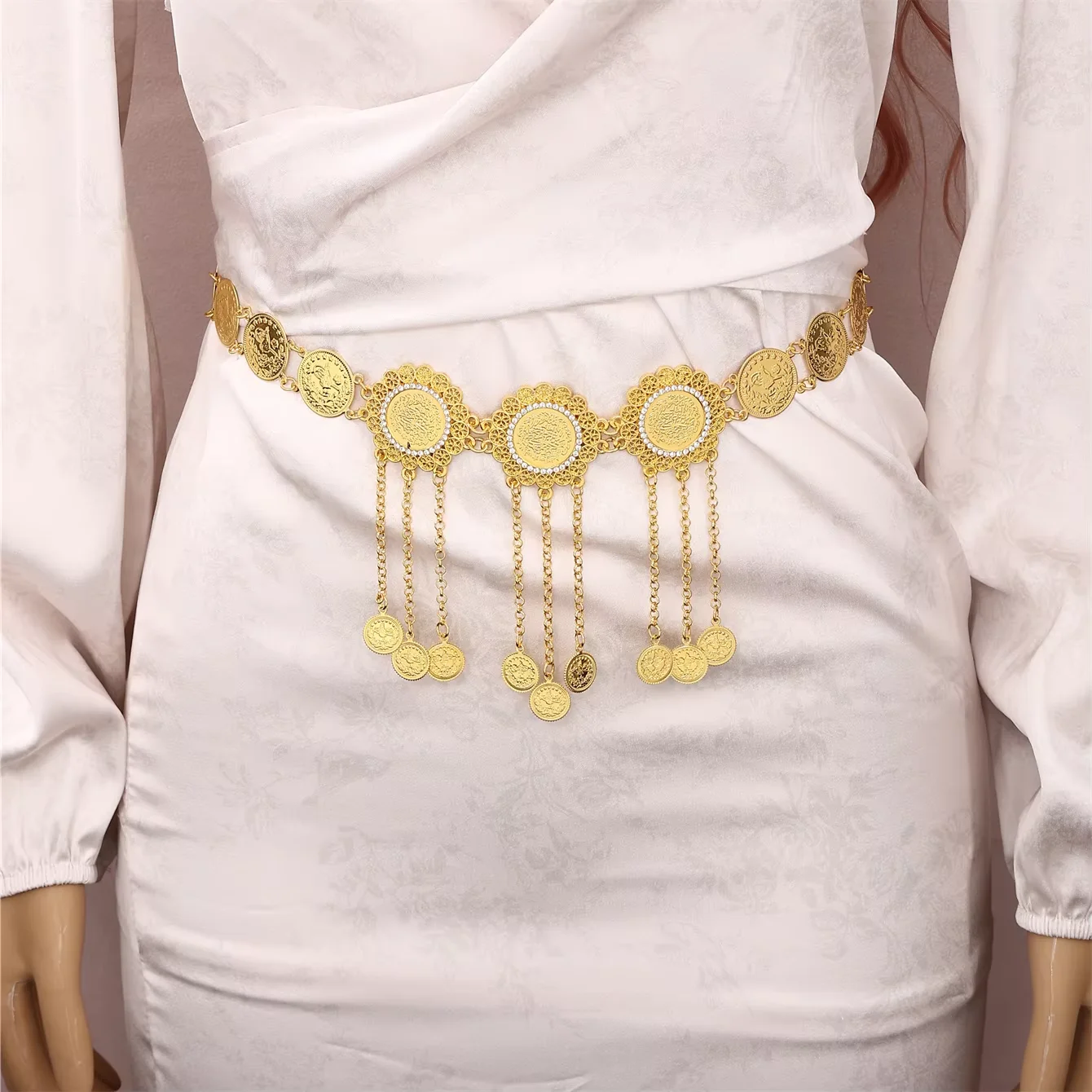 Women Ethnic Waist Belt Floral Hollow Coin Tassel Waist Chain Adjustable Chain for Wedding Party Moroccan Caftan Dress Deco