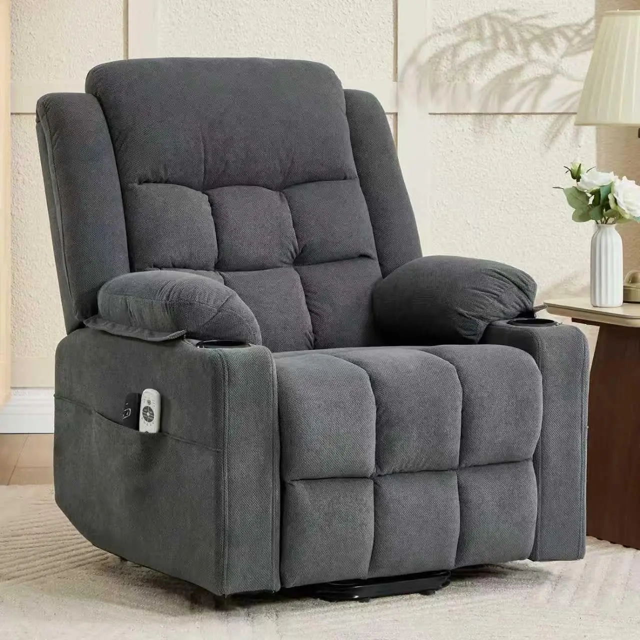 Living Room Elderly Chair, Velvet Fabric Dark Grey, Massage Heat USB Type-C Cup Holders Infinite Position