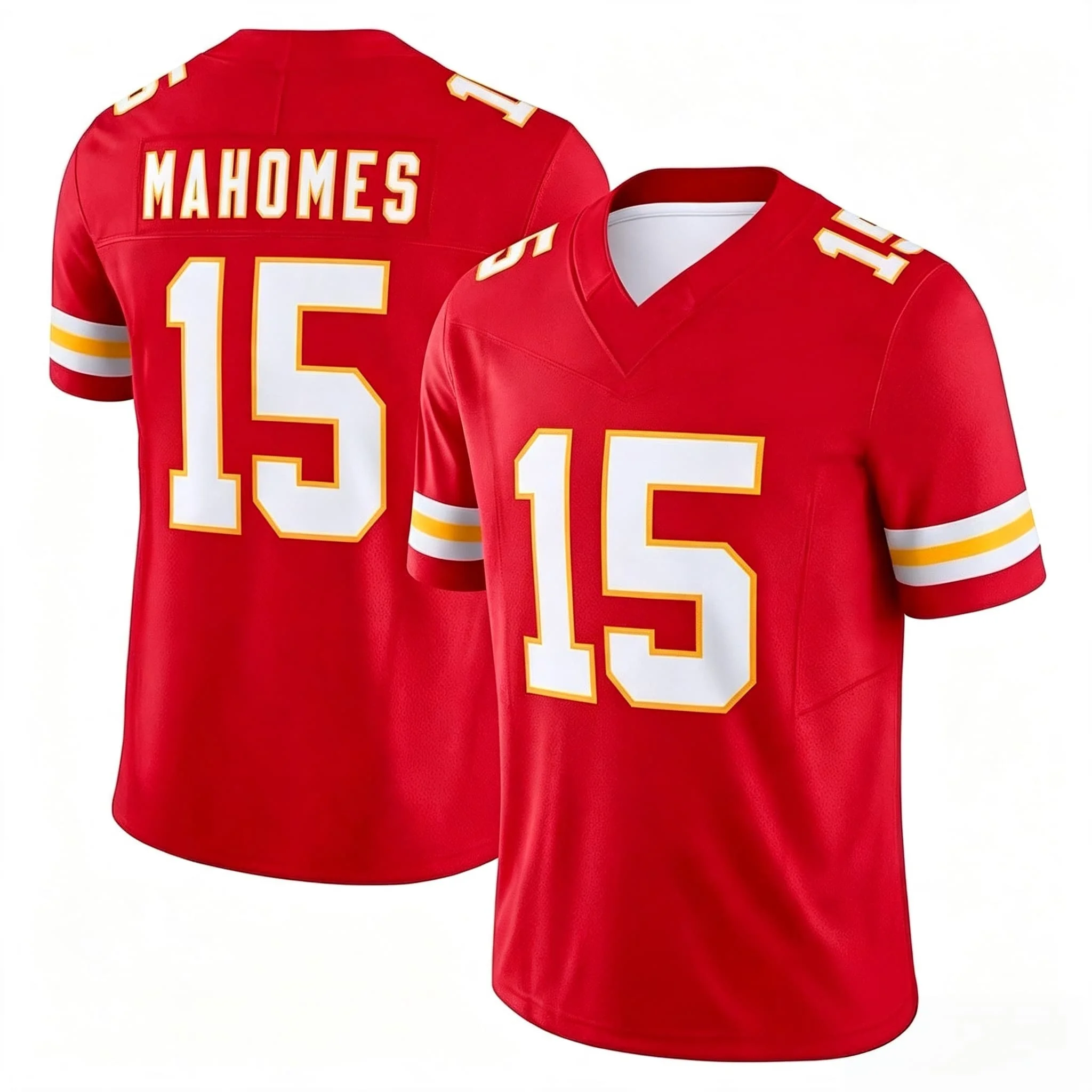 Men 15 Mahomes Red Home Football Jersey  Red Gold Striped Cuff V Neck Short Sleeve Breathable Fan Sports Uniform Family Matching