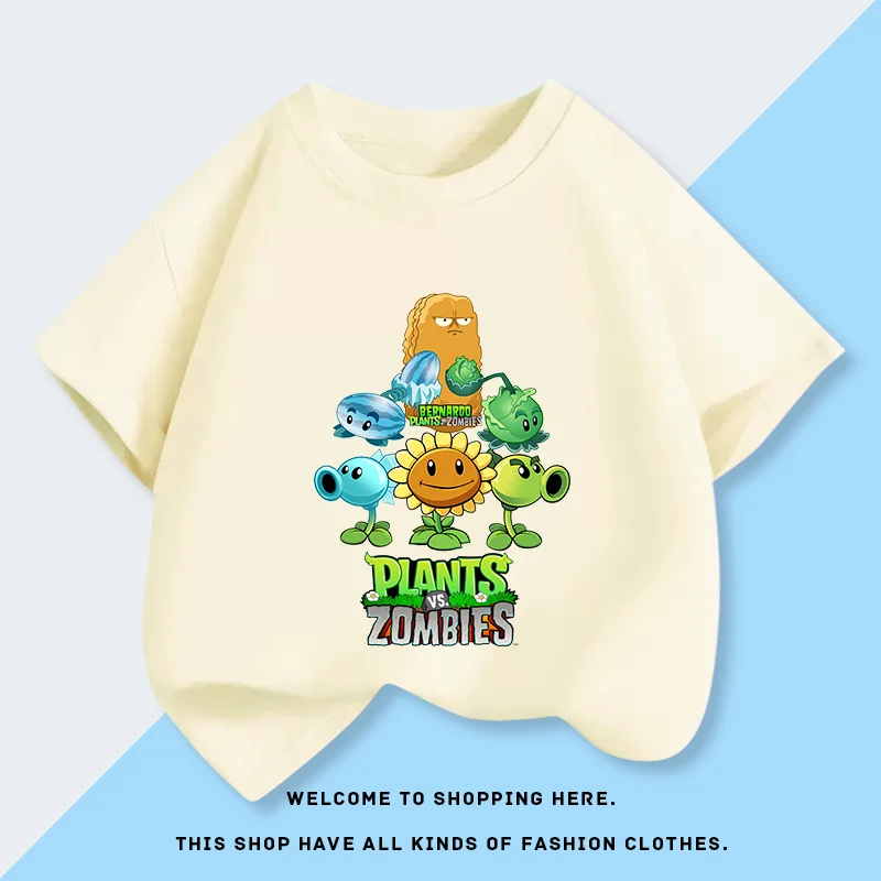 Summer New Plants Vs. Zombies Pea Shooter Boys' Short-sleeved Cotton T-shirt, Fashionable Cartoon Top