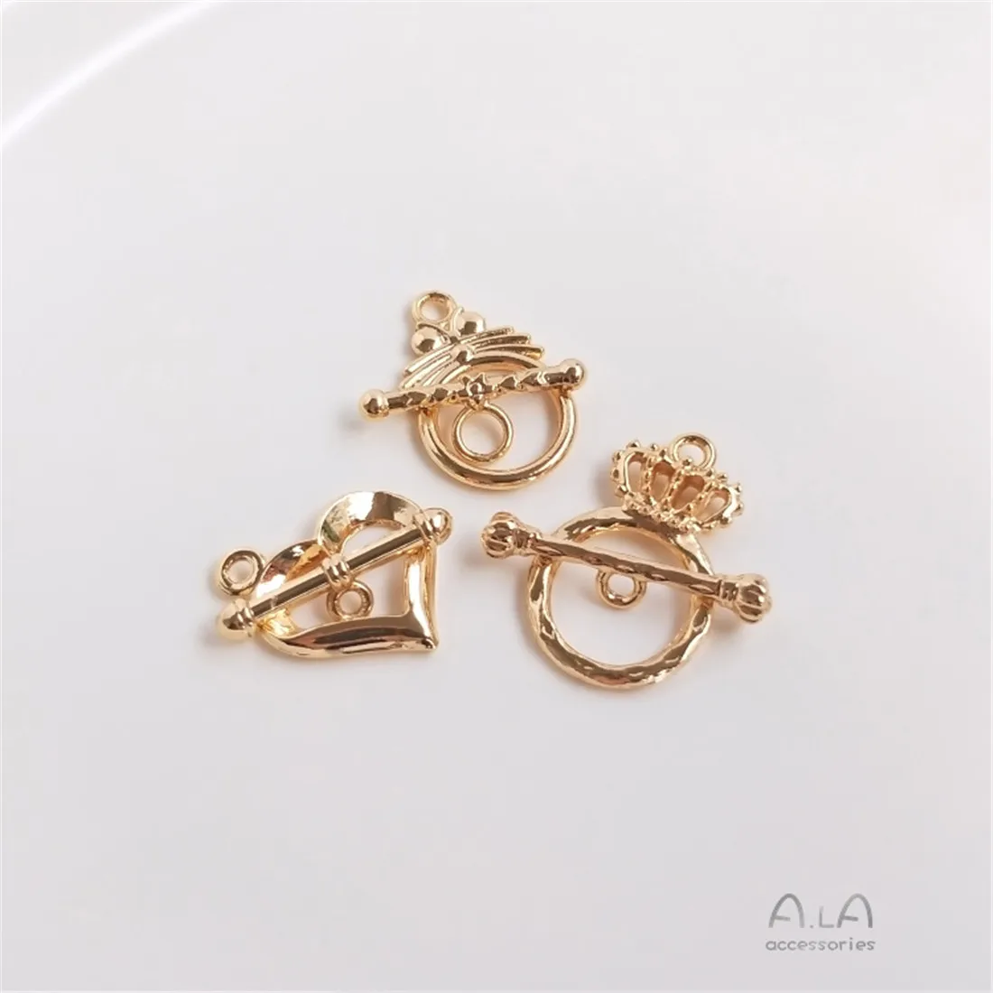 14K Genuine Gold Crown Cat Heart-Shaped OT Buckle, DIY Handmade Pulseira, Colar de Conexão De Jóias, Acessório, B860