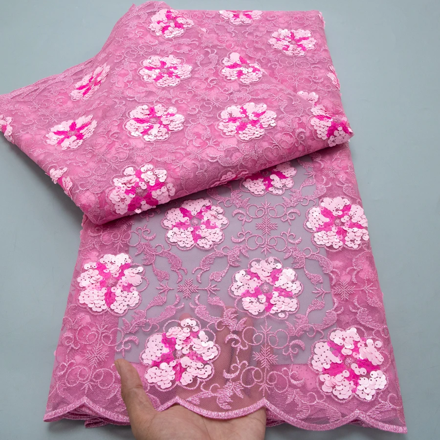 2026 French Embroidered Mesh Lace Fabric High Quality 5 Yards Luxury African Nigerian Tulle Sequins Lace Fabric for Women Sew