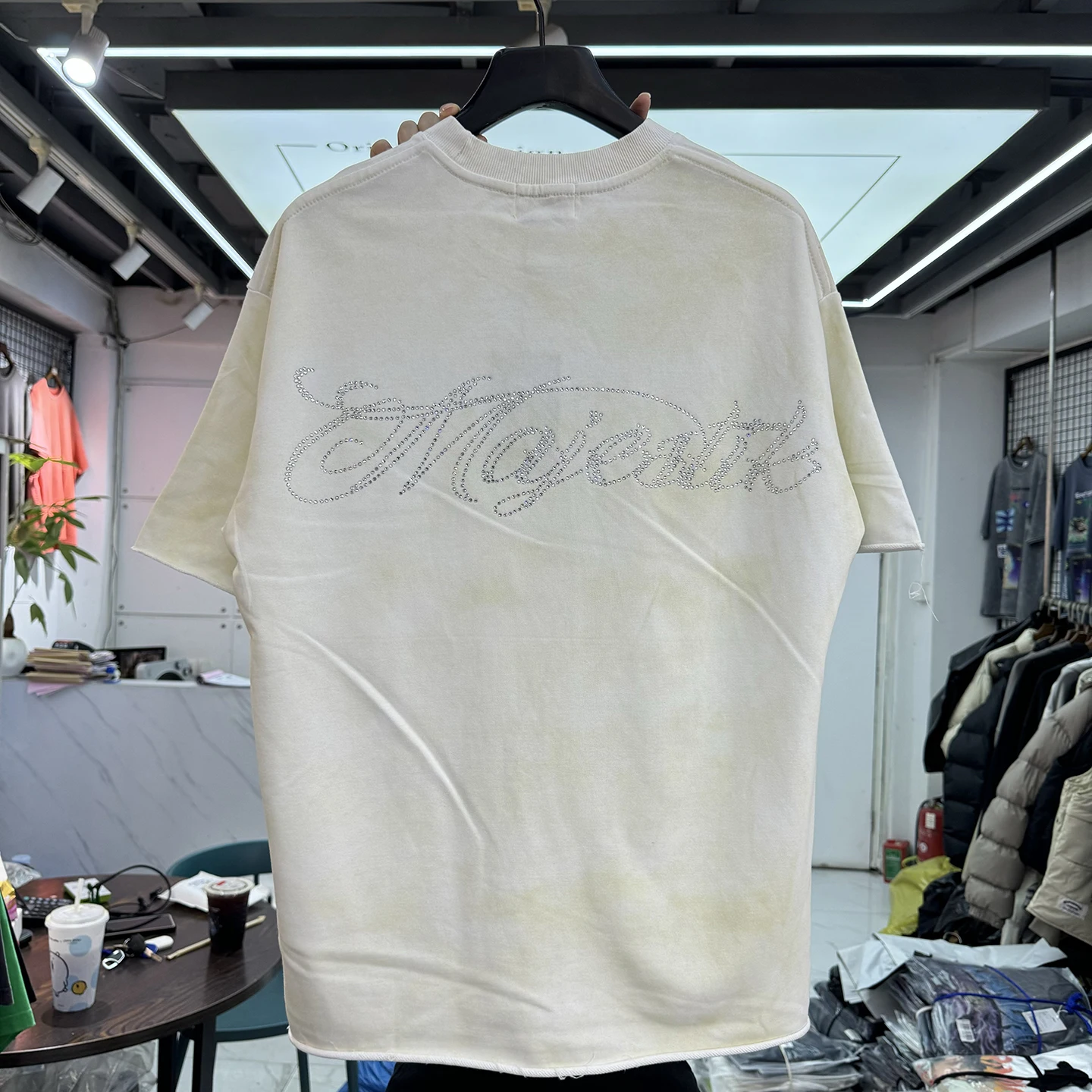 American Street Style Baby Angel French Terry Tee Short Sleeve T-Shirt with Rhinestone Hem Loose Fit Cotton round Neck