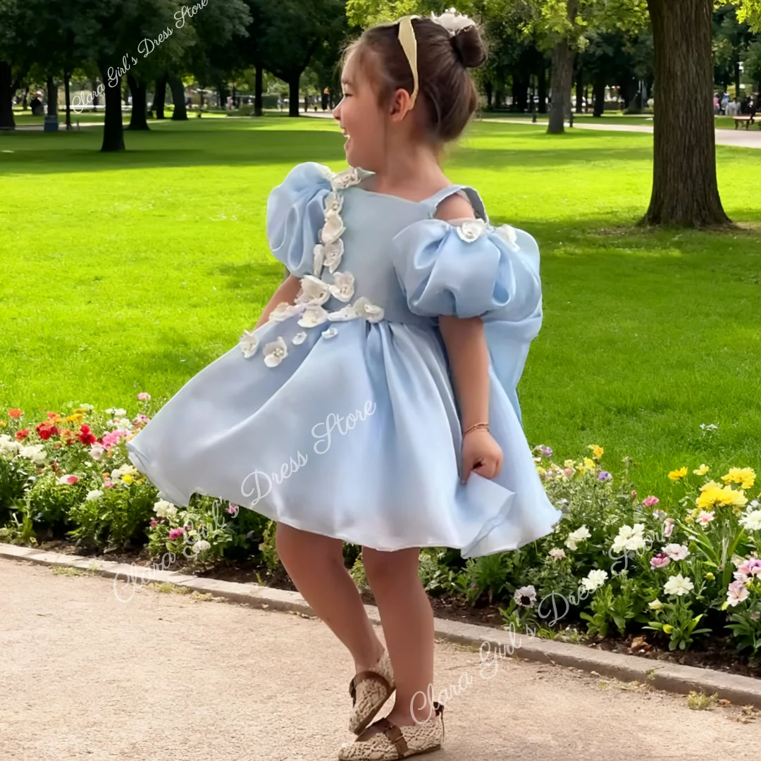 라이트 블루 오간자 플라워 걸 드레스 스퀘어 넥 짧은 소매 A라인 스커트 맞춤형 생일 파티 첫 영성체