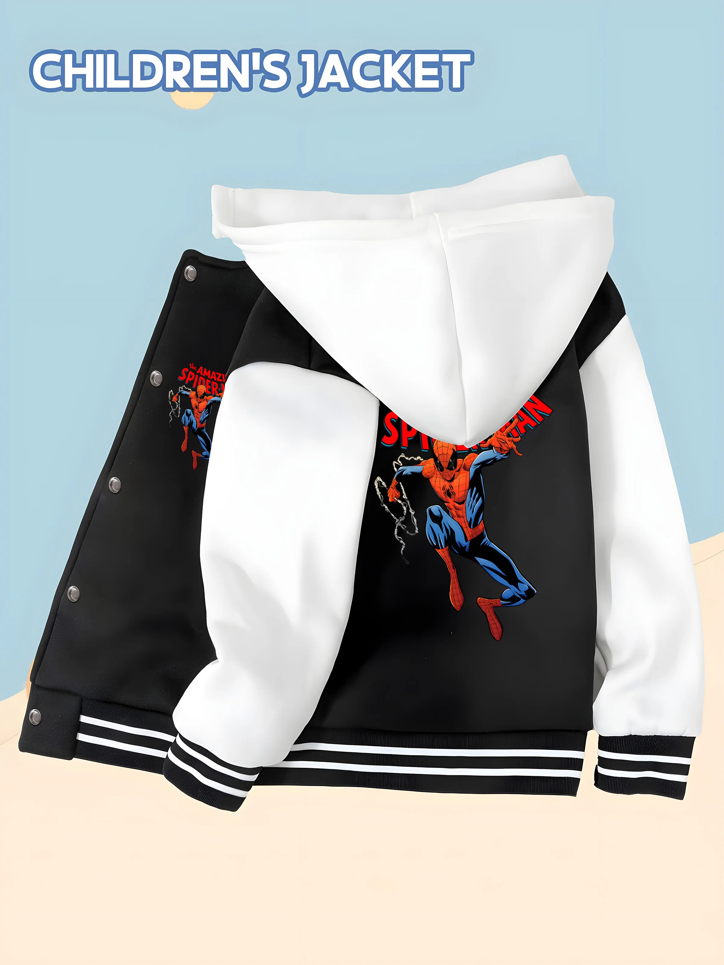 

MINISO Amazing Spider-Man Children's Baseball Jacket - Black and White, Soft Skin-friendly Fabric, Autumn and Winter Casual Jack
