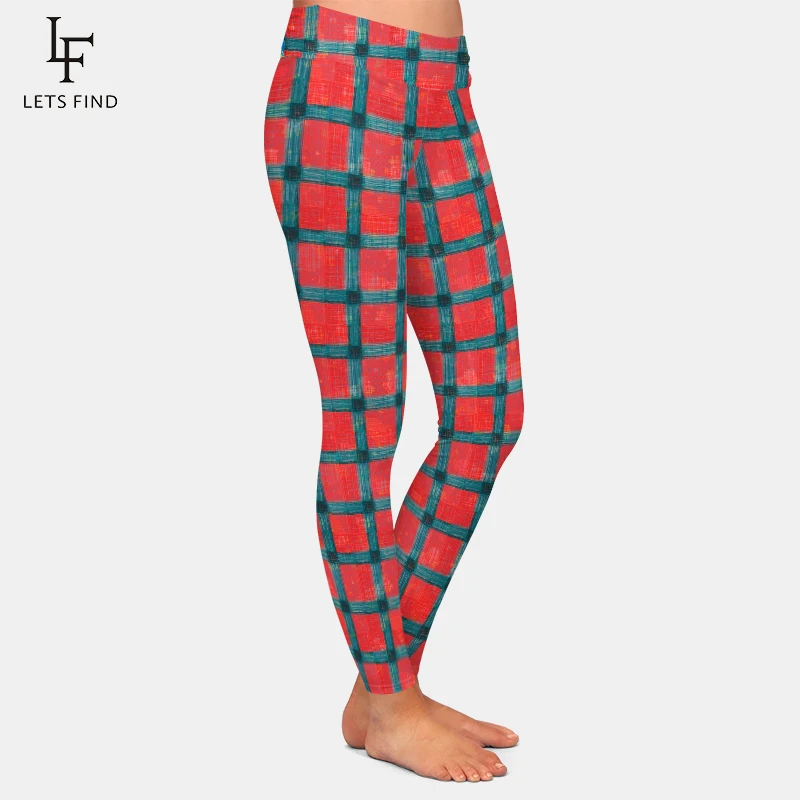 LETSFIND Red Grid stampa digitale Leggings a vita alta moda donna Fitness comodi pantaloni elasticizzati nono