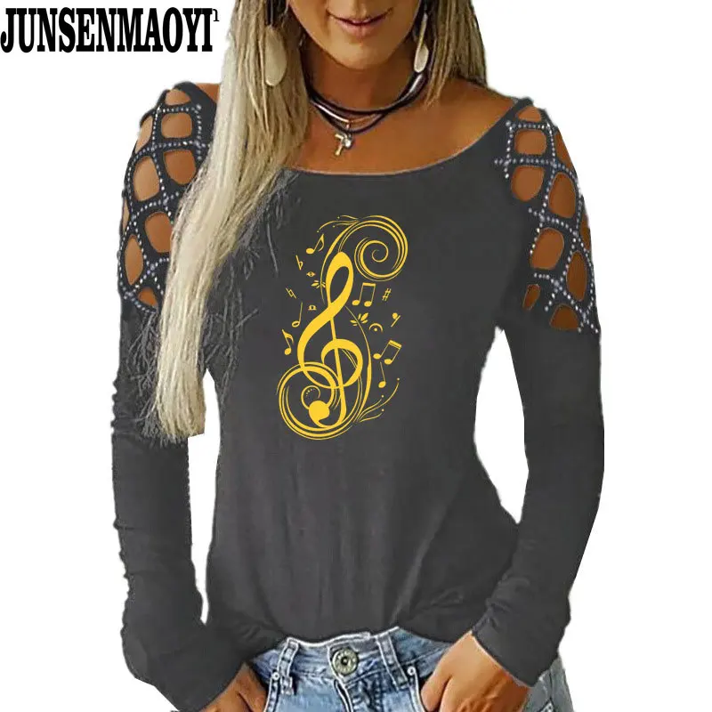 Musical Note Music Tide Casual Fashion Women O-Neck T Shirt Print T-Shirt Long Sleeves Funny T Shirts clothes Top Tees