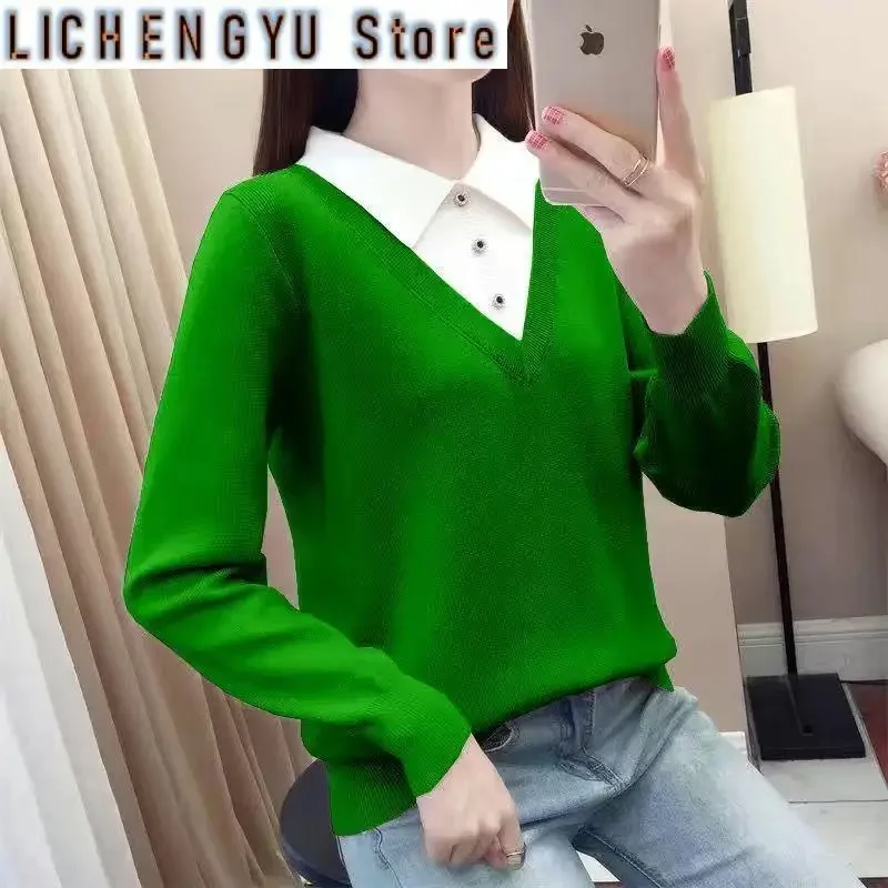 

Women's Turn-down Collar Fake Two Pieces Pullover Button Long Sleeve Sweater Knitted Patchwork Casual Spring Autumn Korean Tops
