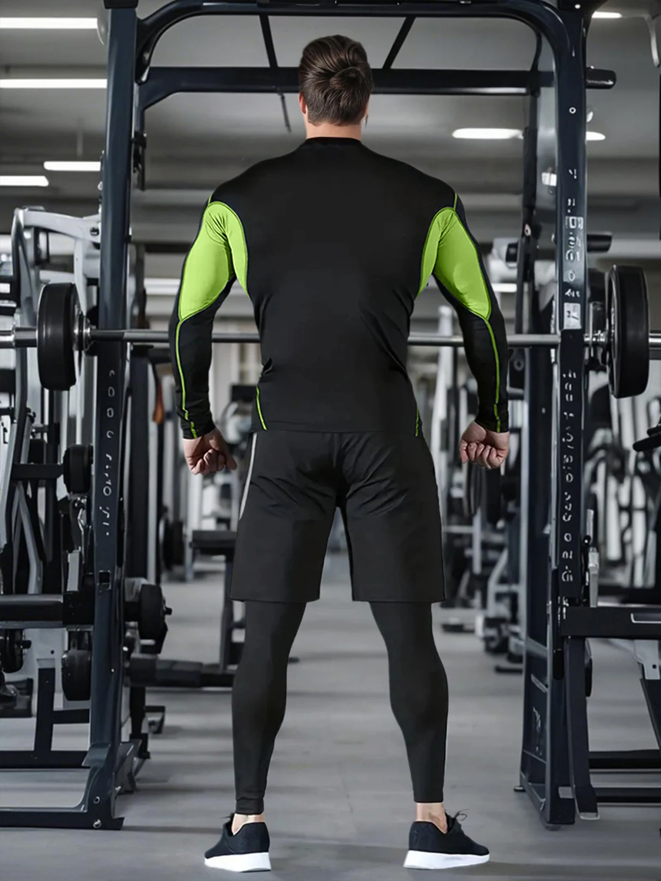 Mens 3 Piece Compression Workout Set Contrast Stitch Long Sleeve Top 2 In 1 Layered Athletic Shorts Gym Training Fitness Outfit