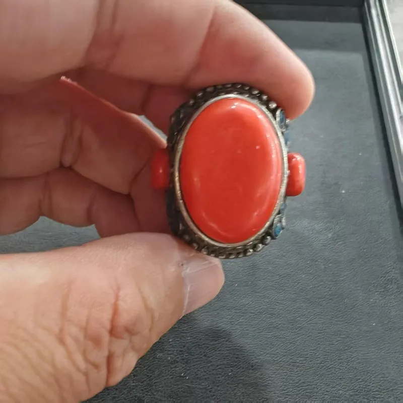 Retro-Orientalischer Cloisonné-Emaille-Ring Unisex mit mehrfarbiger roter Steinintarsie, antikes Tribal-Dekor, Fingerschmuck für Männer und Frauen – Detail 2