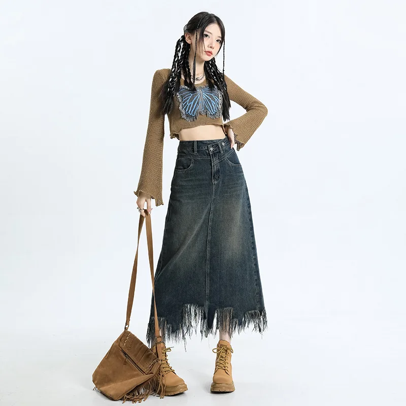 High quality long denim skirt for women tassel wash a line shape new 2024 youthful lady vintage clothing - blue