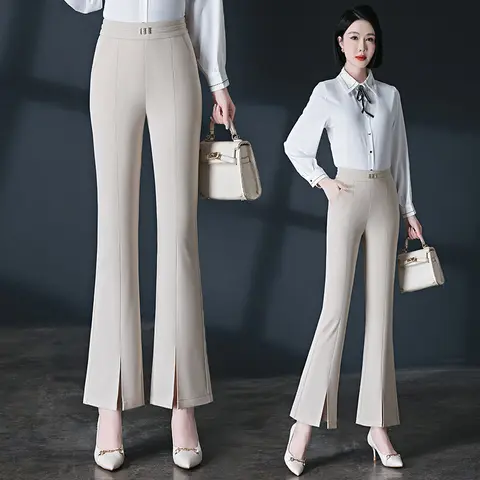 Jennie KaTie 고양이 프린트 꽃 패턴 여성용 와이드 레그 바지 - 캐주얼 협업 작업복 에디션 14_하트알리 여성용 하이 웨이스트 2025 봄 뉴 슬리밍 스플릿 피쉬 테일 나인 포인트 플레어 바지를위한 신축성있는 허리 캐주얼 마이크로 플레어 바지