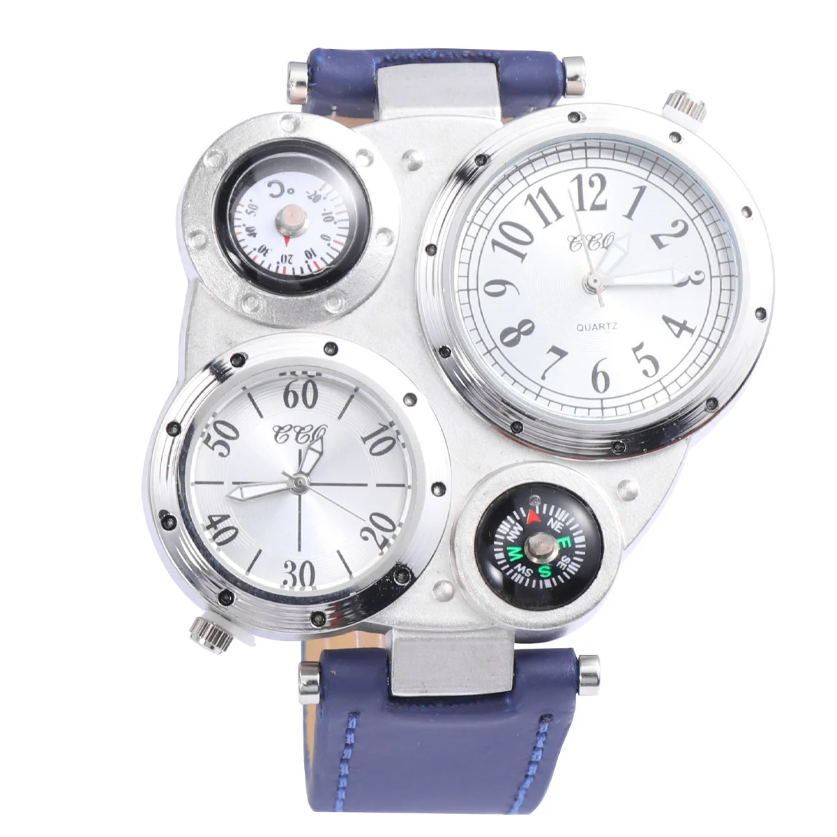 

Blue Dual Time Thermometer Compass Quartz Watch Outdoor Sports Durable Fashion Men's Quartz Watch