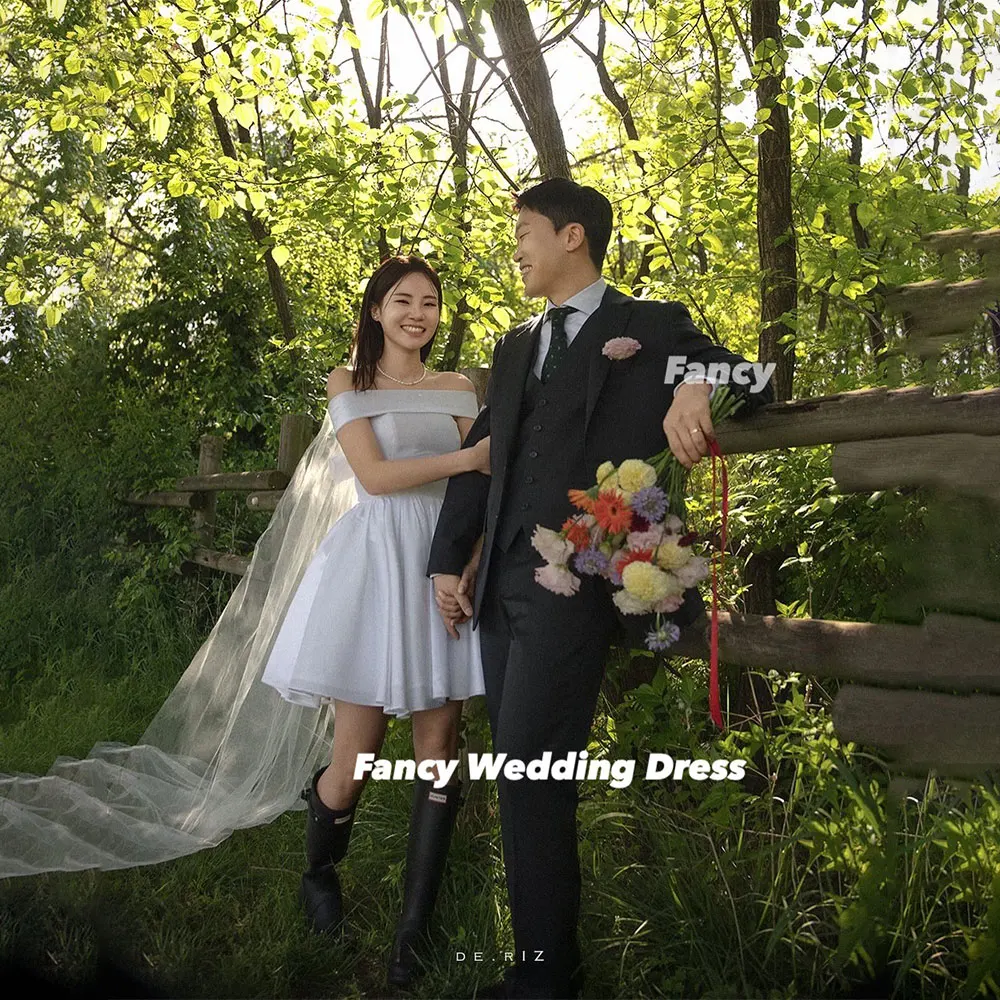 Fancy Simple Korea Wedding Dress Photo Shoot A Line Thick Satin Evening Party Dresses Back Corset Customized