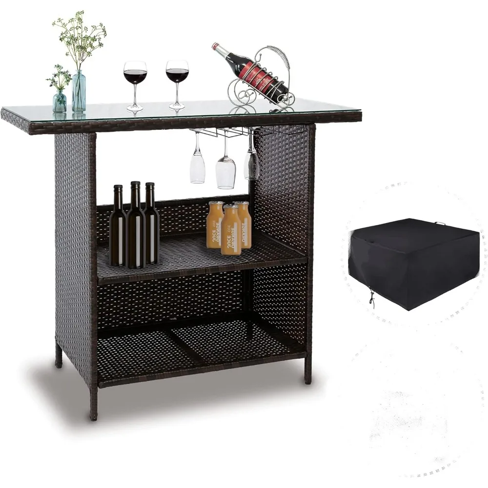 

Wicker Bar Counter, 3 in 1 Glass Top Outdoor Patio Bar Table w/ 3 Steel Shelves, Rattan Bar Counter w/ 3 Sets of Rails, Gift