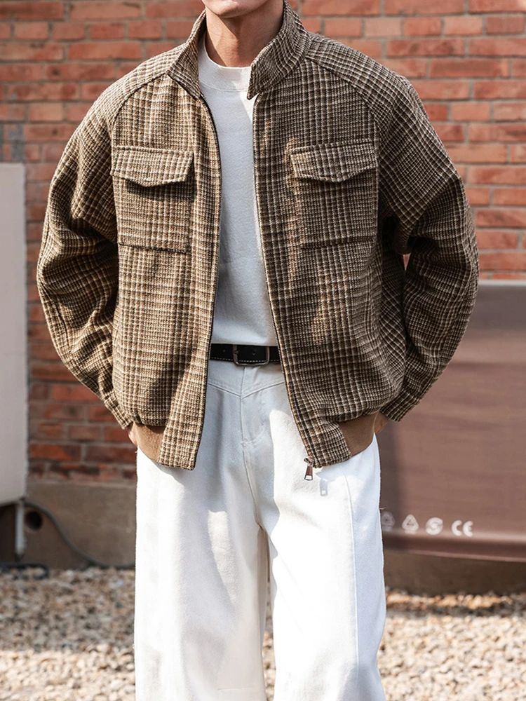 เสื้อแจ็คเก็ตพิมพ์ลายฮาวด์ทูธสไตล์วินเทจสำหรับผู้ชาย เสื้อโค้ทลำลองสำหรับฤดูใบไม้ร่วงและฤดูหนาว เสื้อแจ็คเก็ตผู้ชายมีสไตล์ ซิปหน้า คอตั้ง เสื้อคลุม