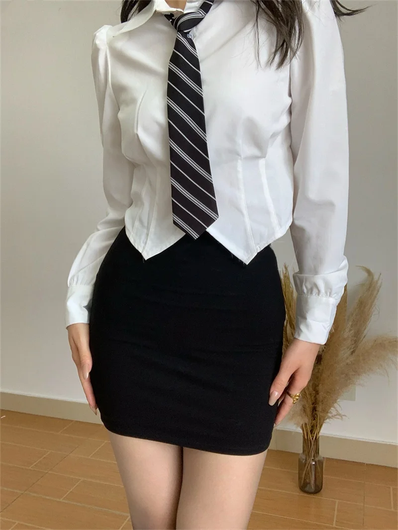 Ele ort Svel irt Mujer Faion Coreano Sle Collar Bubble Sve Long Sve Slim Fit Blanco College Sle