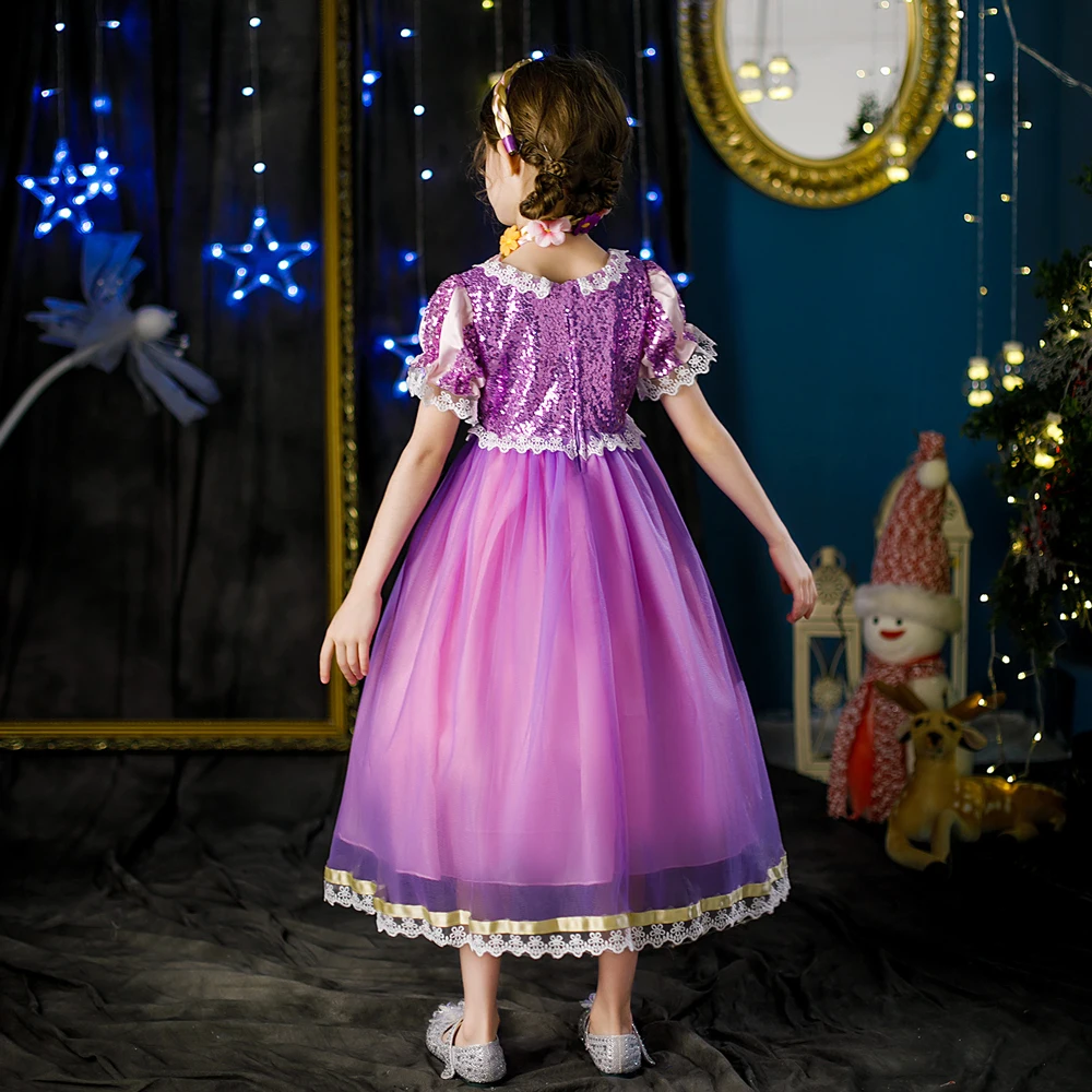 Rapunzel Dress for Girls Kids Birthday Party Princess Dress Children Carnival Dress Up Halloween Cosplay Costume Crown Necklace