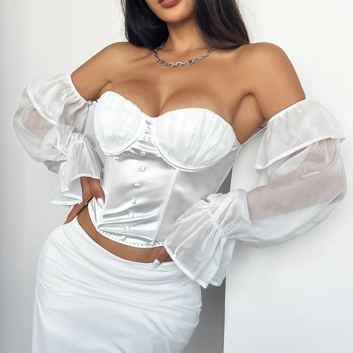 French Fashion Satin Fishbone Mesh Flare Sleeve Off-shoulder Corset Top Trendy Square Neck Going Out Bustier Y2K Crop Tops Shirt