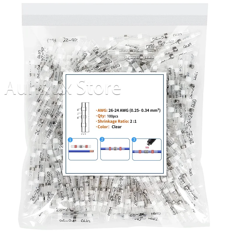 100pçs Conectores de Emenda com Solda Termorretrátil Brancos para Fios 26-24AWG - Terminais de Junção Estanques com Tubo de Estanho