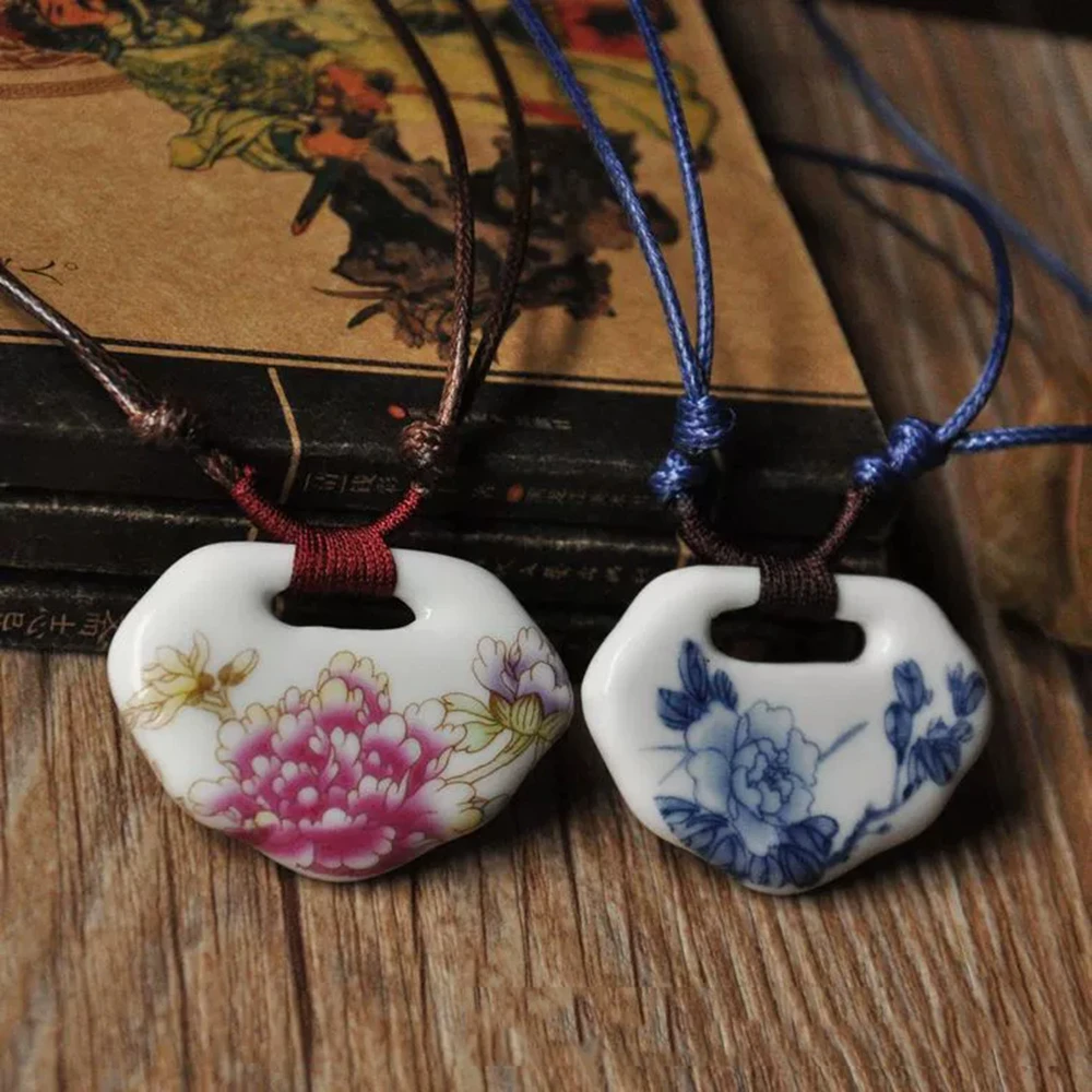 Chinese Style Flower Ceramic Pendant Necklace For Women Handmade Lucky Longevity Lock Choker Jewelry Party Gift