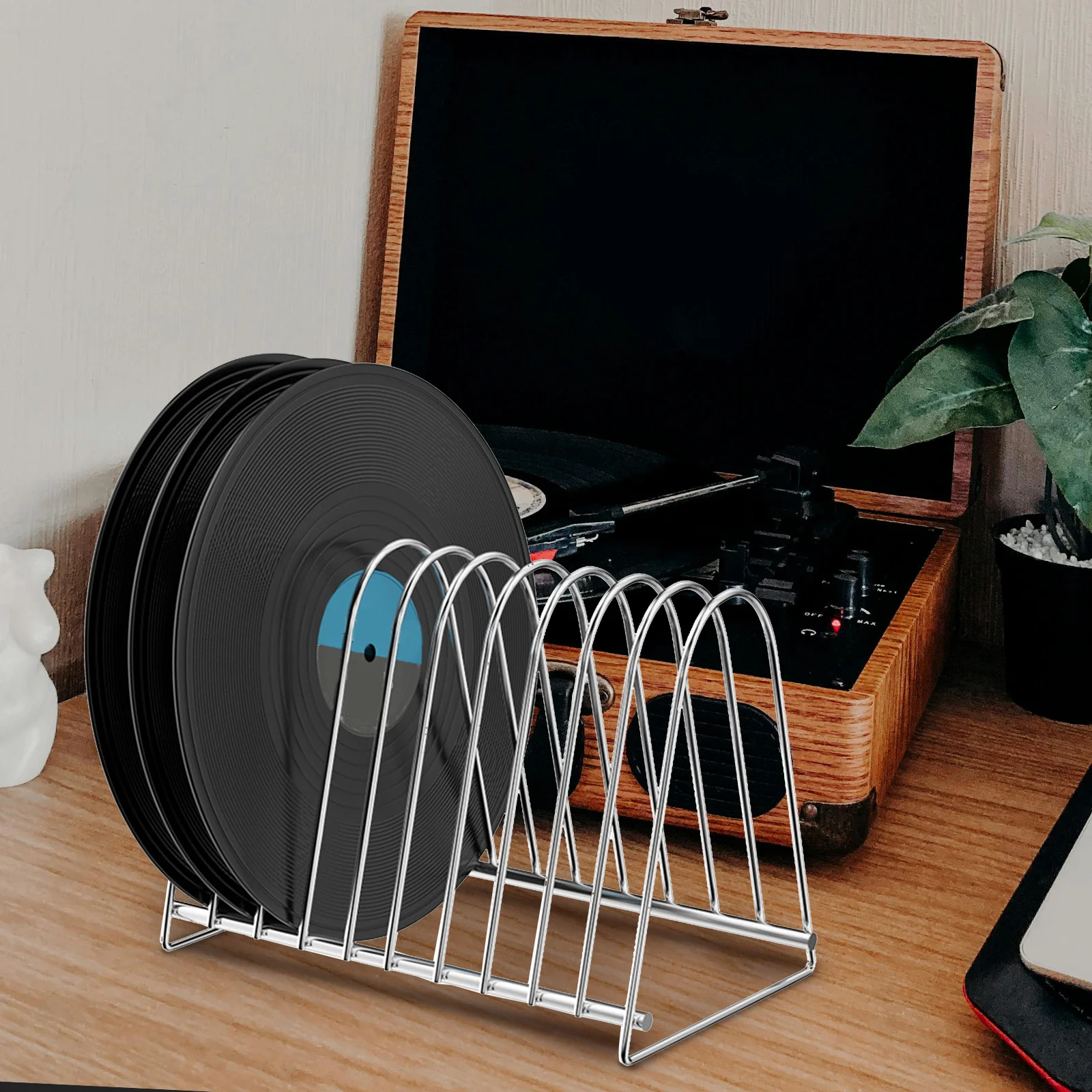 مسجل فينيل رف شاشة 10 فتحات تخزين حامل الفولاذ المقاوم للصدأ حامل مكتبي لسجلات الفينيل CD ألبومات القرص ملف مجلة كتاب