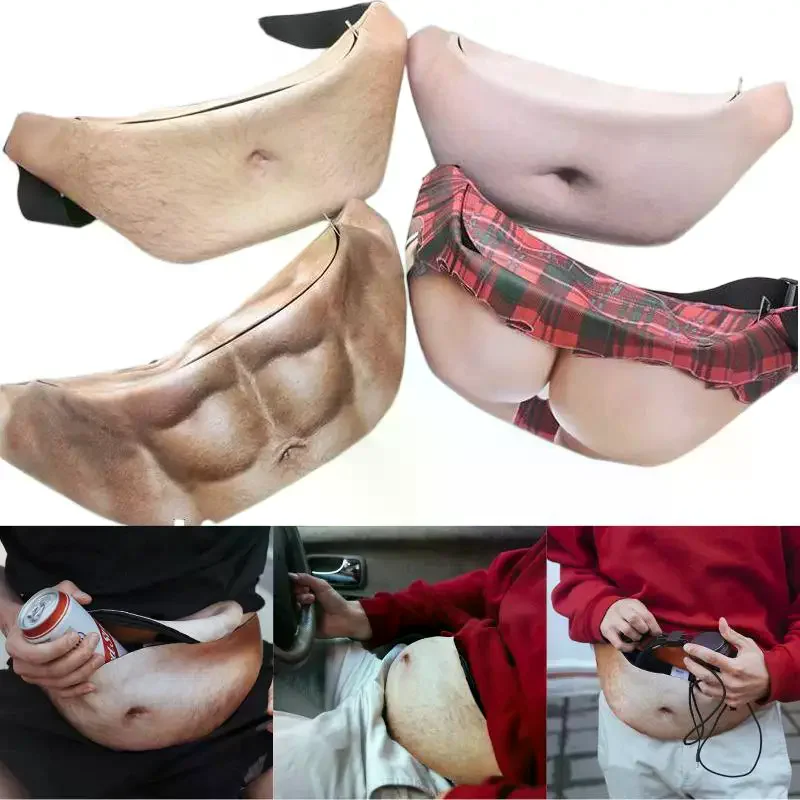 Novelty Realistic Fake Belly Fanny Pack Funny Halloween Prank Waist Bag Large Capacity Crossbody Pouch Unisex Dad Bag Party Gift