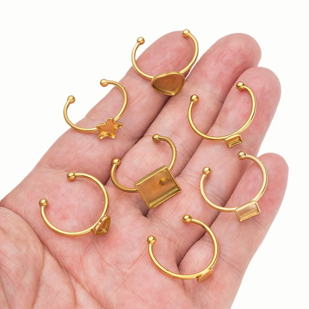 5pcs Stainless Steel Open Ring Settings Blank Base Bezel Cabochons Resin Molds Rings for Jewelry Materials Making DIY Finger