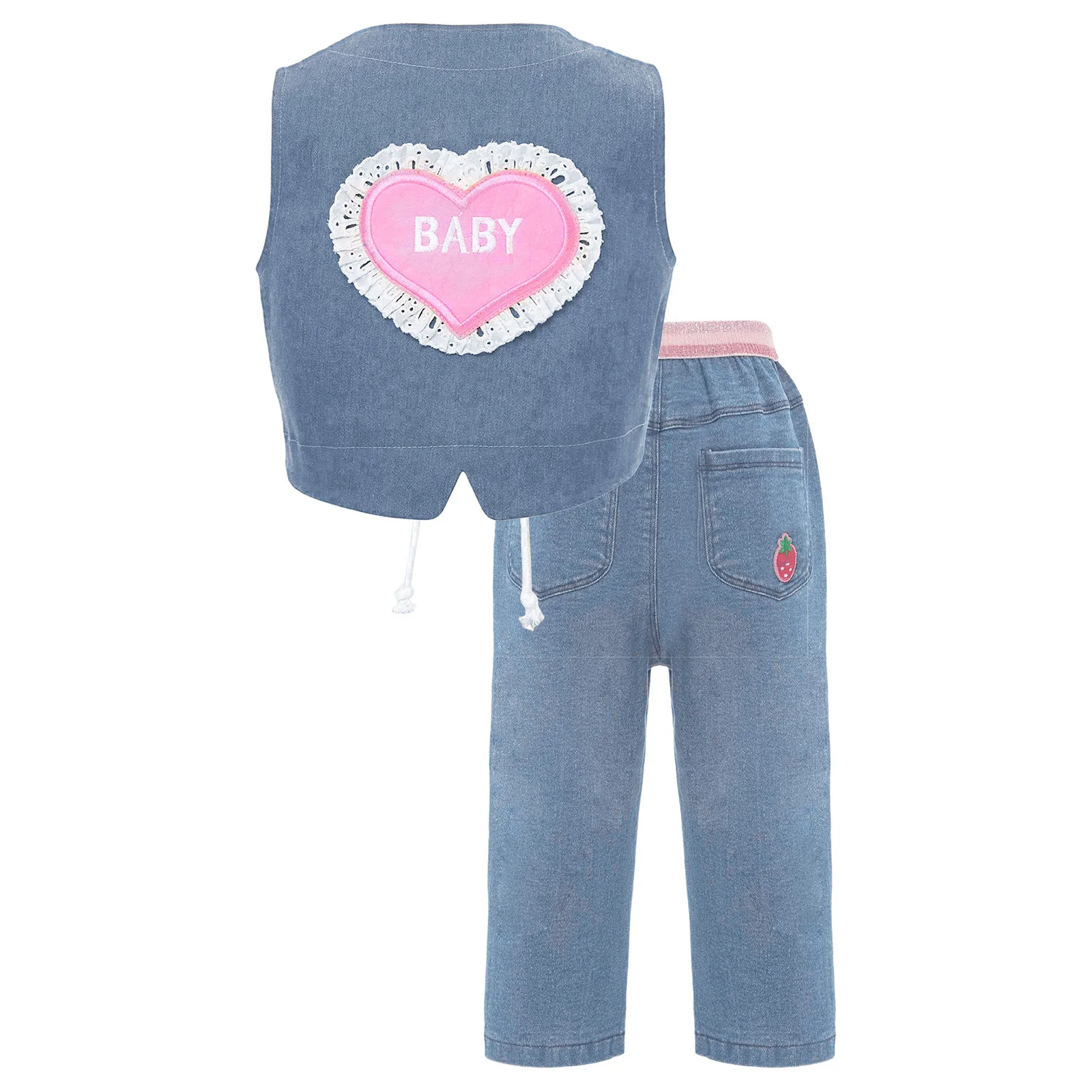 2-teiliges Kleinkind-Baby-Mädchen-Valentinstag-Outfit für kleine Mädchen, niedliche Herzen, Erdbeer-Stickerei, Jeans-Kleidungssets